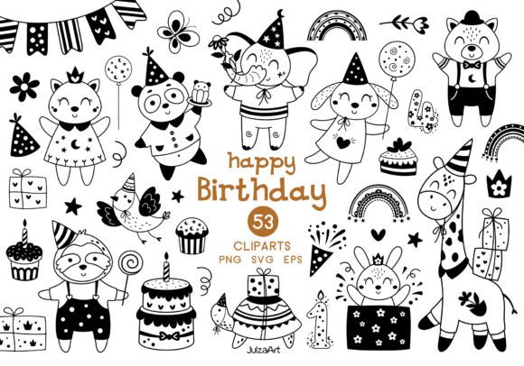 Download Black and White Birthday Animals Clipart - Art Collection