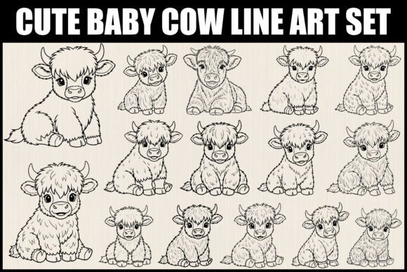 Download Cute Baby Cow Line Art Set - Art Collection